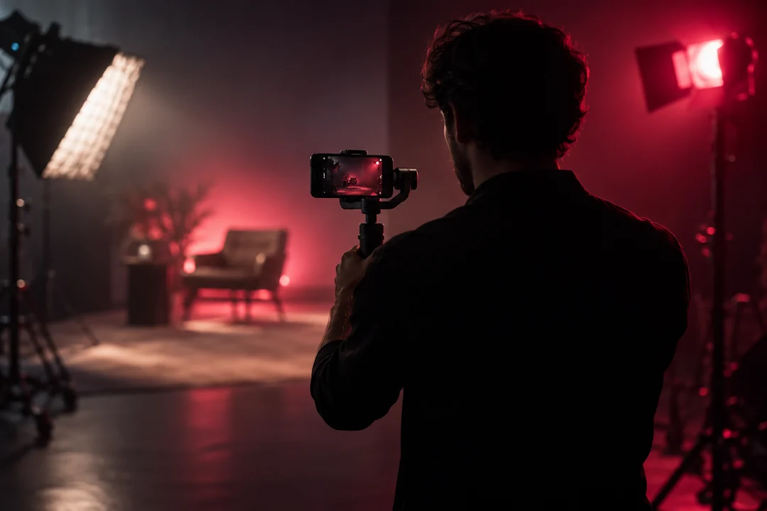 Cena conceitual de profissional de costas filmando com celular e gimbal