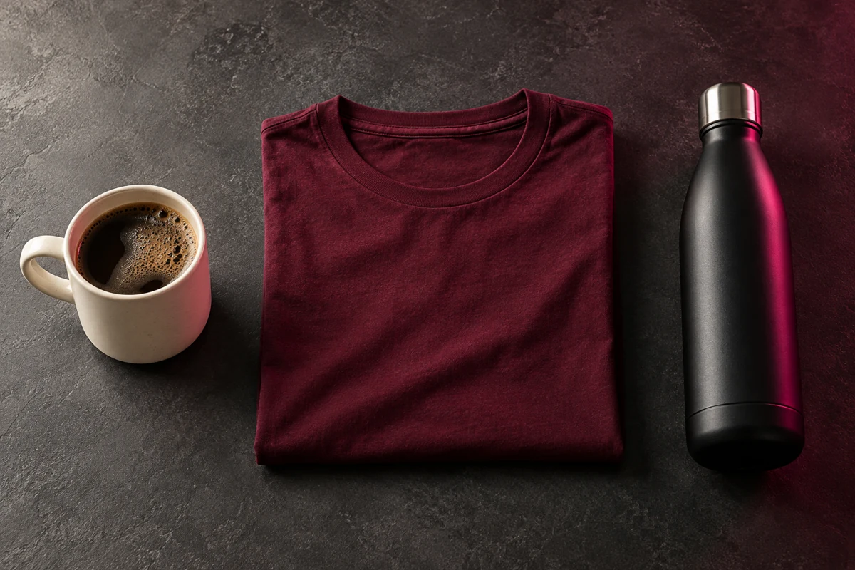 Exemplos ilustrativos de produtos: xícara de cerâmica, camiseta e garrafa térmica