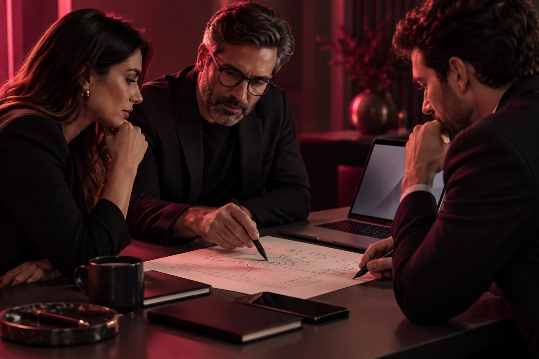 Cena conceitual de profissionais discutindo uma estratégia à mesa